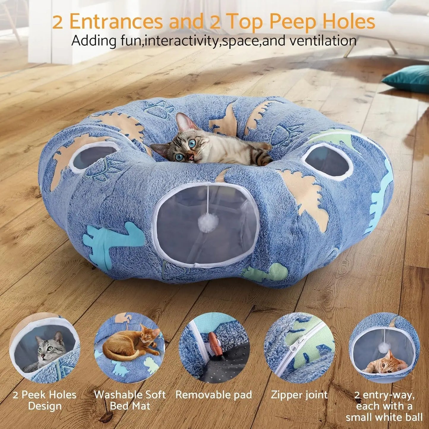 Peekaboo Cat Cave - Foldable Cat Tunnel with Washable Cushion