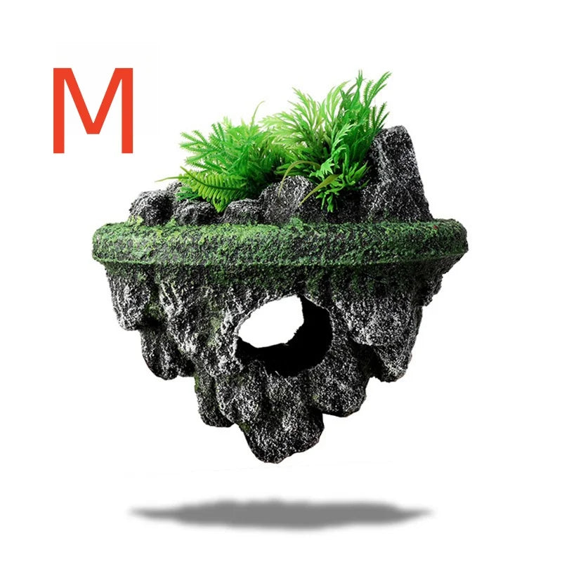 Suspended Floating Island Aquarium Ornament – Creative Rock Decoration with Plants