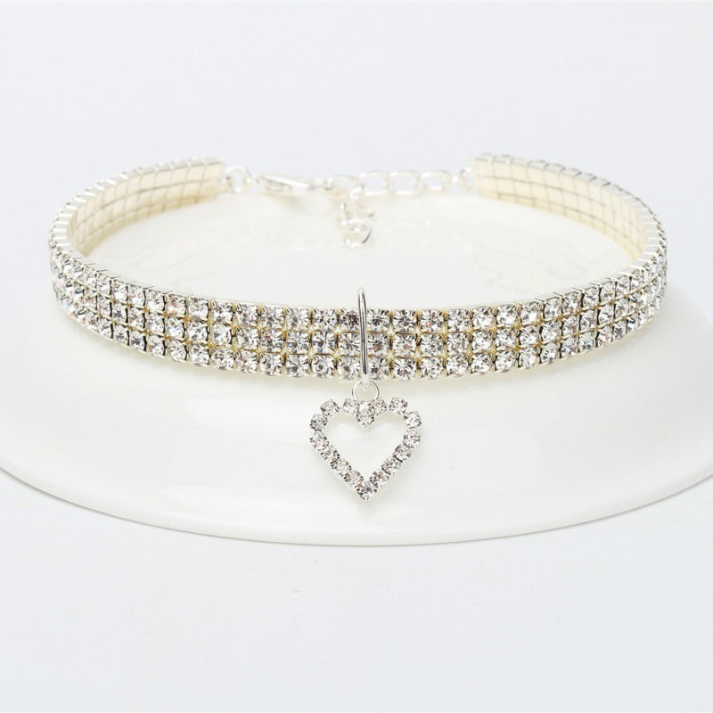 Elastic Three Row Rhinestone Pet Collars