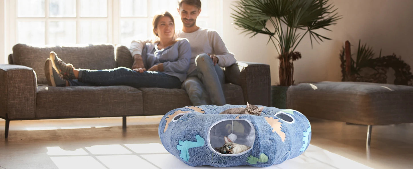 Peekaboo Cat Cave - Foldable Cat Tunnel with Washable Cushion