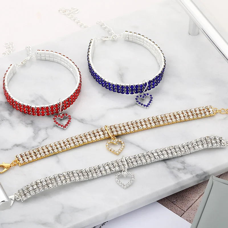 Elastic Three Row Rhinestone Pet Collars