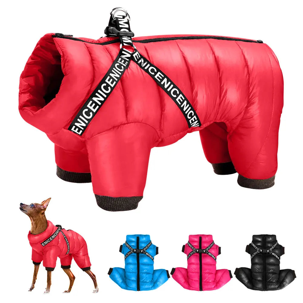 Waterproof Winter Dog Jacket / Puffer with Built-in Harness