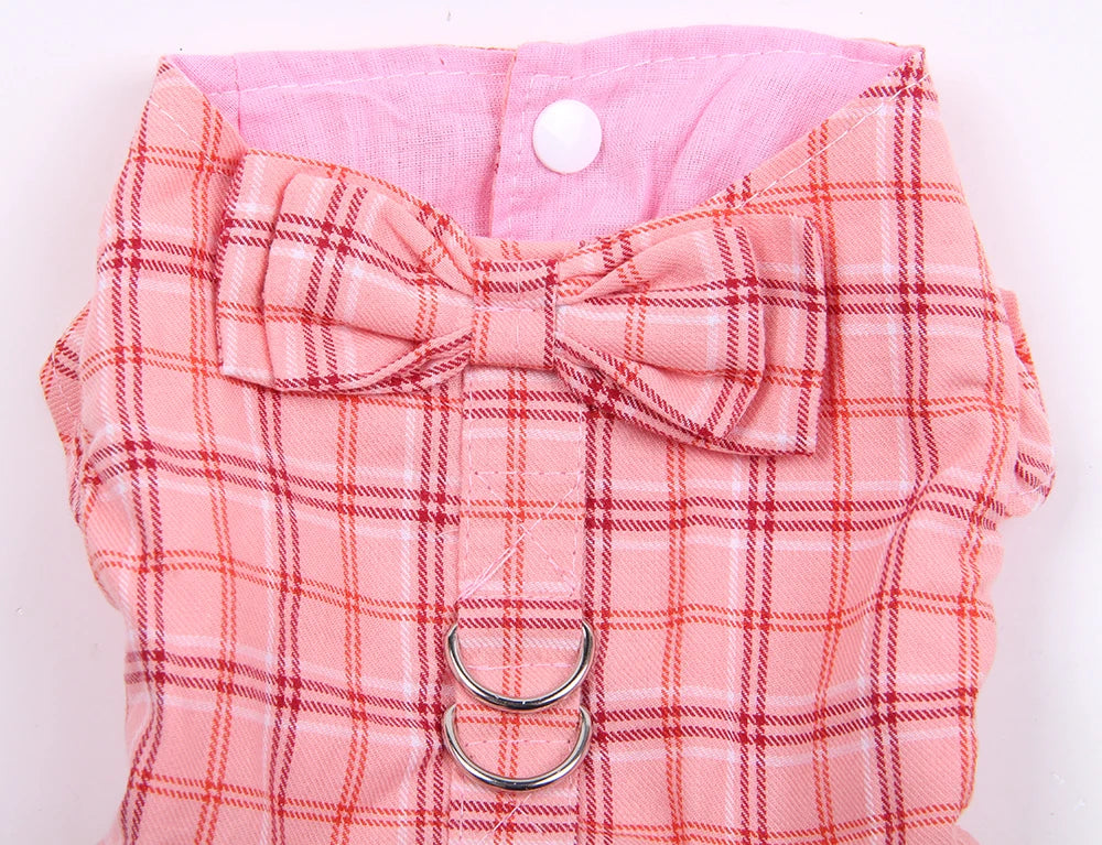 New Dog Cat Dress Shirt Plaid&Bow with Matching Dog Leash Pet Puppy Skirt