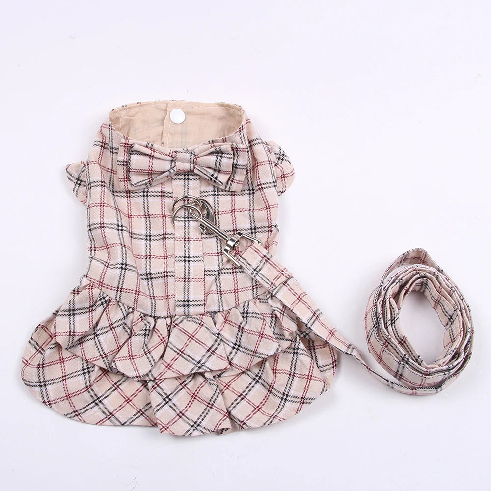 New Dog Cat Dress Shirt Plaid&Bow with Matching Dog Leash Pet Puppy Skirt