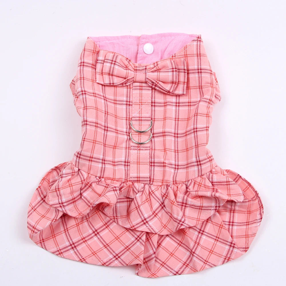 New Dog Cat Dress Shirt Plaid&Bow with Matching Dog Leash Pet Puppy Skirt