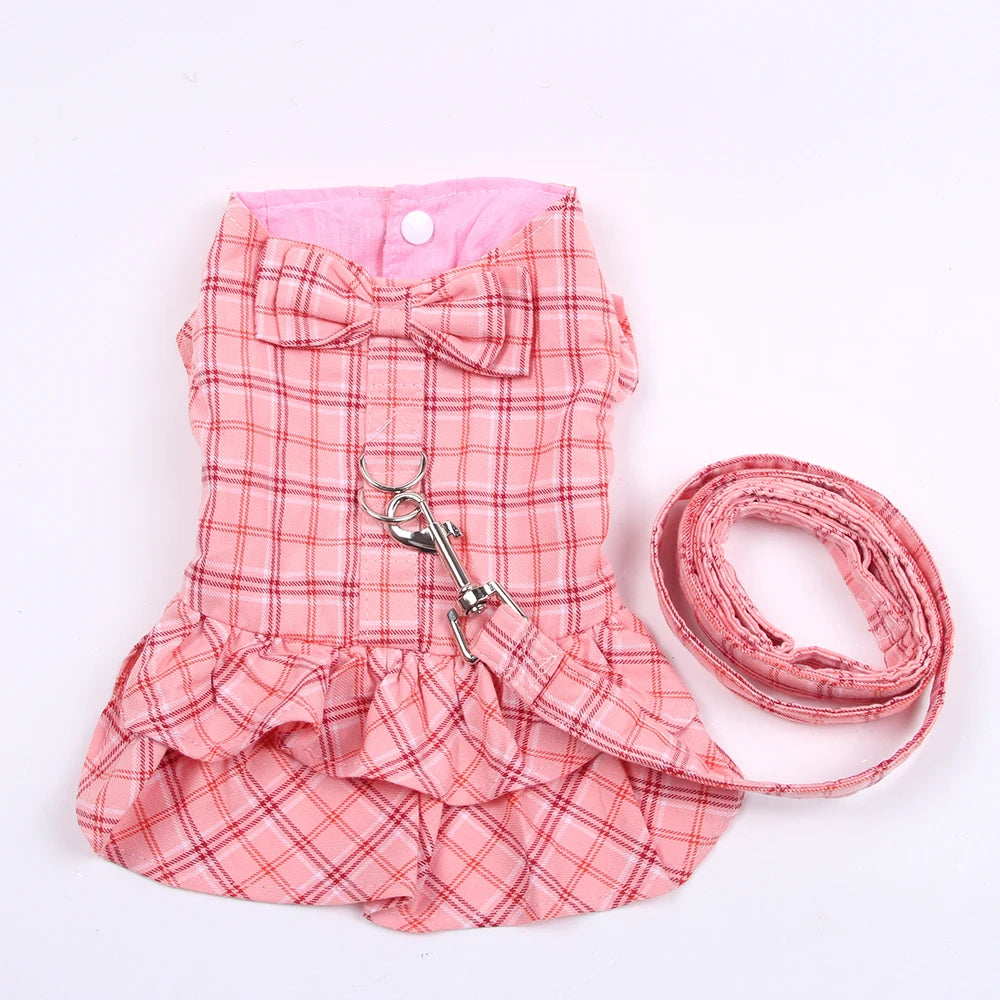 New Dog Cat Dress Shirt Plaid&Bow with Matching Dog Leash Pet Puppy Skirt