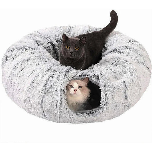 Plush Foldable Cat Tunnel Bed – Two-in-One Warm Round Hideaway Nest for Winter Comfort