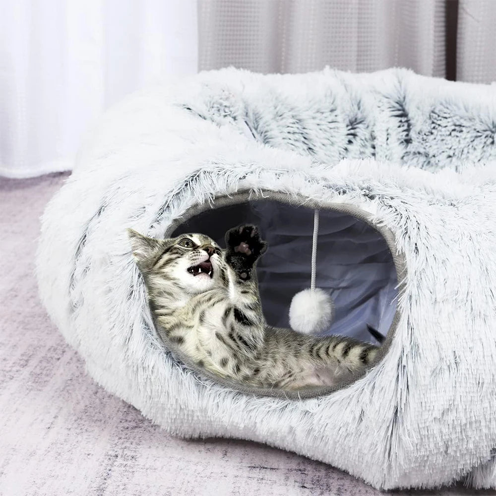 Plush Foldable Cat Tunnel Bed – Two-in-One Warm Round Hideaway Nest for Winter Comfort