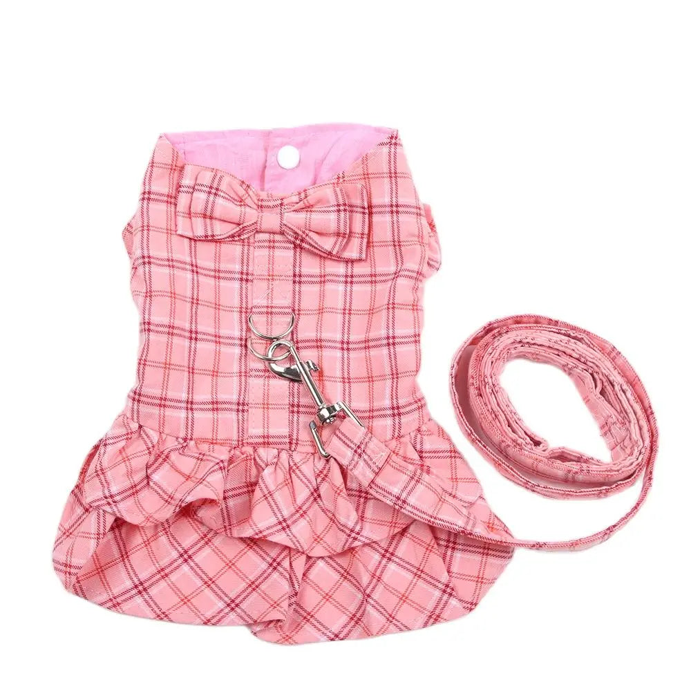 New Dog Cat Dress Shirt Plaid&Bow with Matching Dog Leash Pet Puppy Skirt