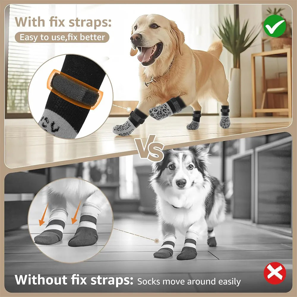 4-Pack Anti-Slip Dog Socks with Velcro Straps – Paw Protection & Hardwood Grip