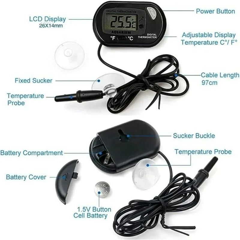 Digital Aquarium Thermometer with Probe – LCD Fish Tank Water Temperature Monitor