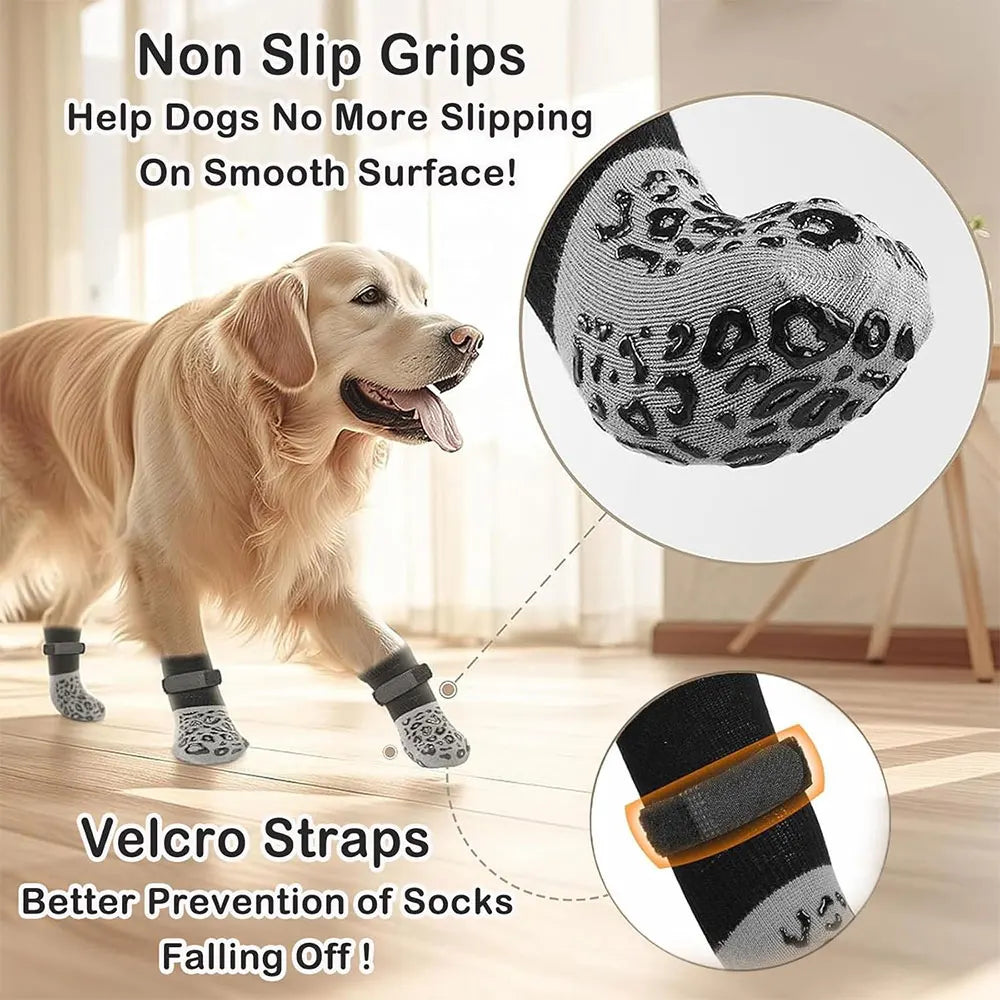 4-Pack Anti-Slip Dog Socks with Velcro Straps – Paw Protection & Hardwood Grip