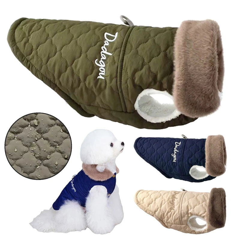 Winter Fleece Dog Jacket with Furry Collar – Warm, Windproof & Snowproof Cotton Coat for Small and Medium Dogs