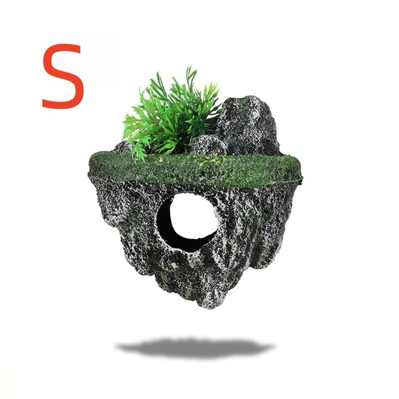 Suspended Floating Island Aquarium Ornament – Creative Rock Decoration with Plants