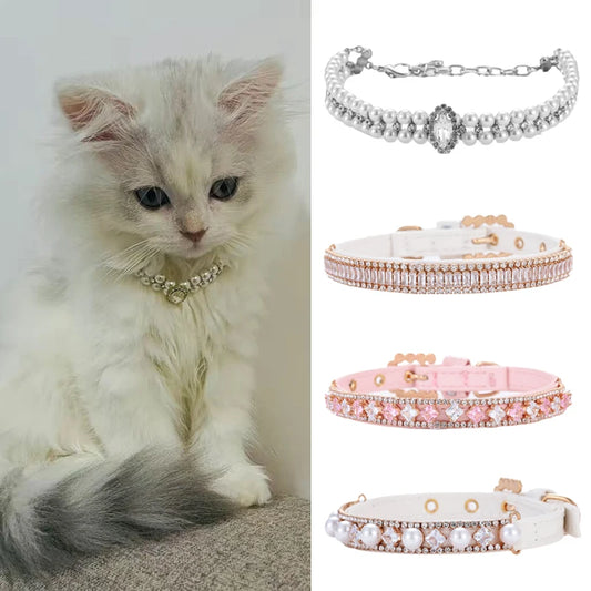 Luxury Jeweled Pet Collar – Pearl Necklace with Rhinestones for Cats & Small Dogs