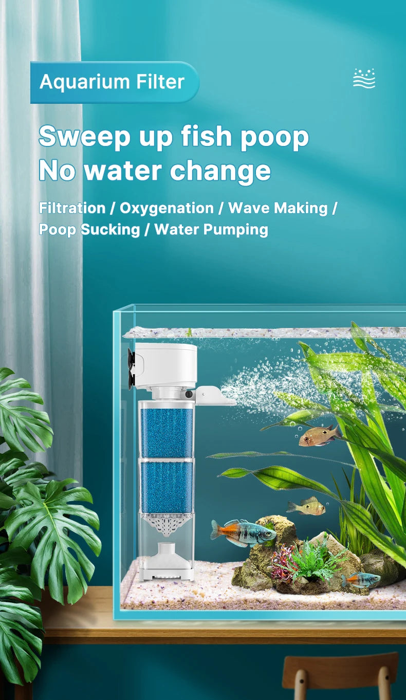 6-in-1 Submersible Aquarium Filter – Silent Water Pump, Aerator & Waste Suction