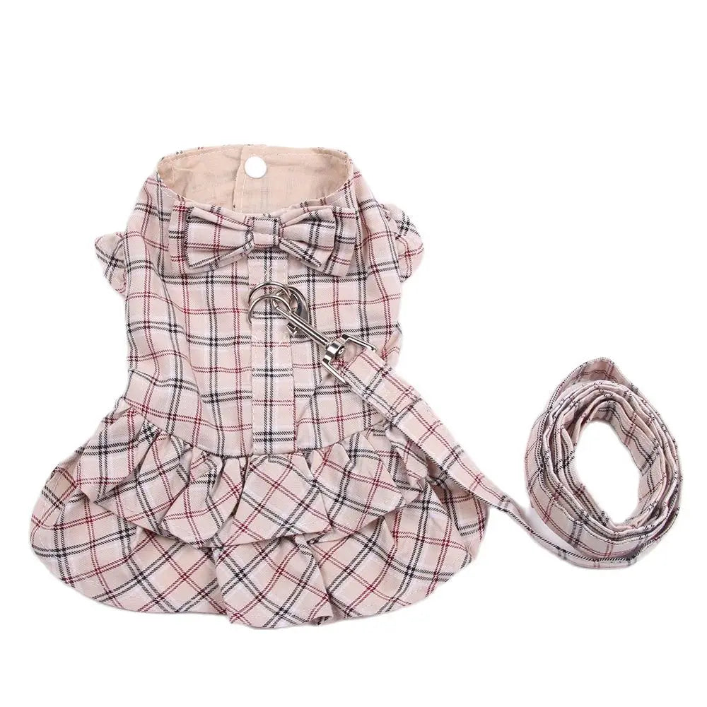 New Dog Cat Dress Shirt Plaid&Bow with Matching Dog Leash Pet Puppy Skirt