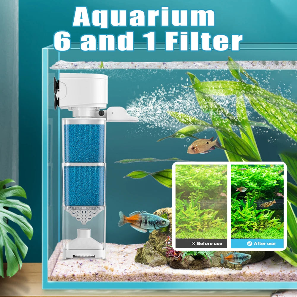 6-in-1 Submersible Aquarium Filter – Silent Water Pump, Aerator & Waste Suction