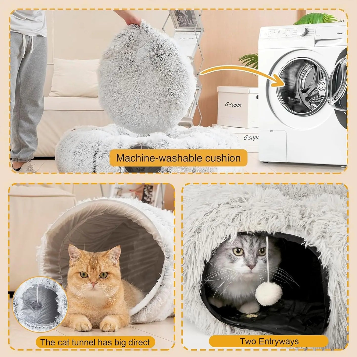Plush Foldable Cat Tunnel Bed – Two-in-One Warm Round Hideaway Nest for Winter Comfort