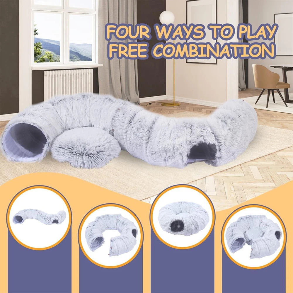 Plush Foldable Cat Tunnel Bed – Two-in-One Warm Round Hideaway Nest for Winter Comfort