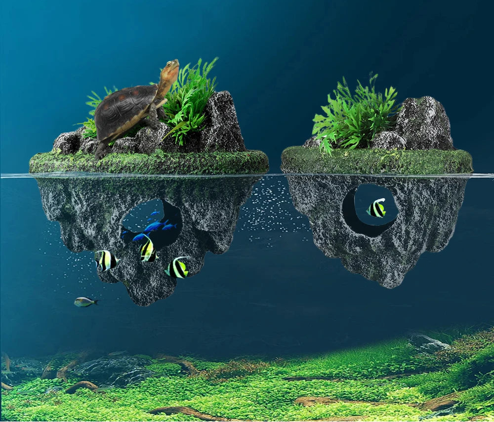 Suspended Floating Island Aquarium Ornament – Creative Rock Decoration with Plants