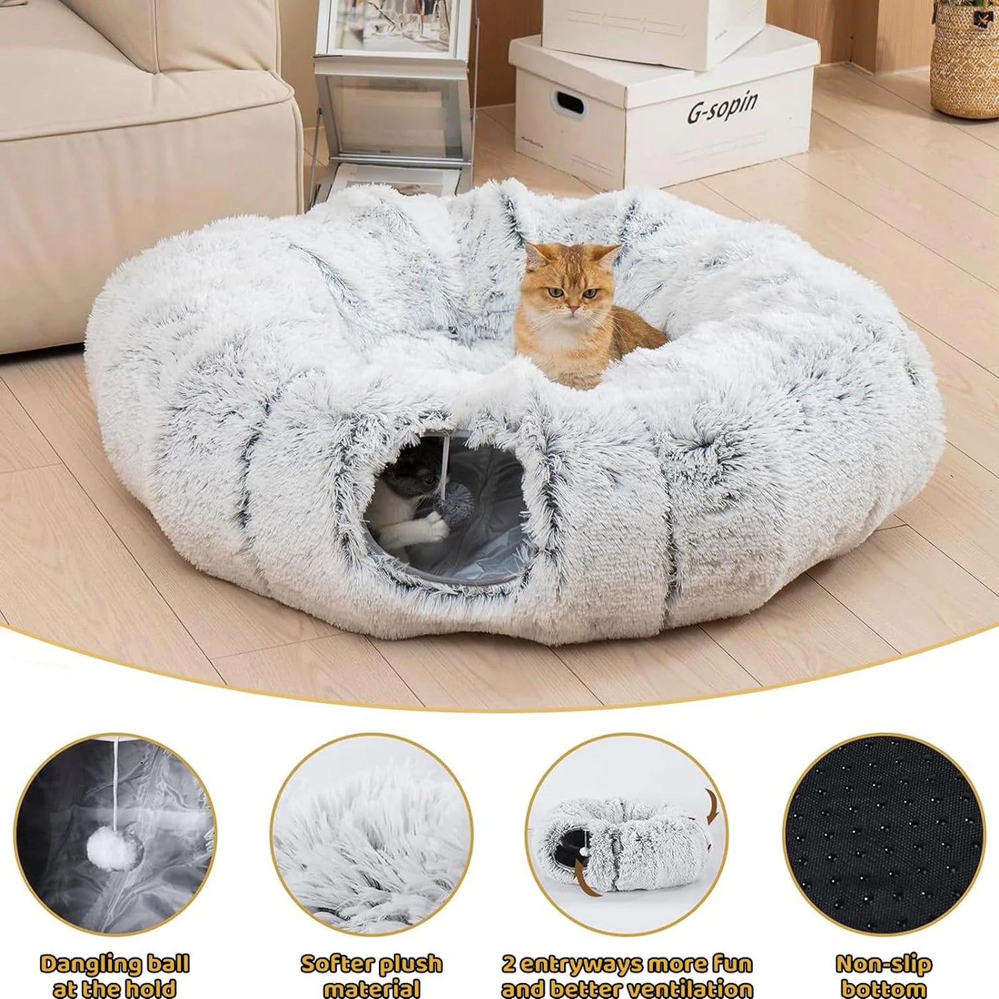 Plush Foldable Cat Tunnel Bed – Two-in-One Warm Round Hideaway Nest for Winter Comfort