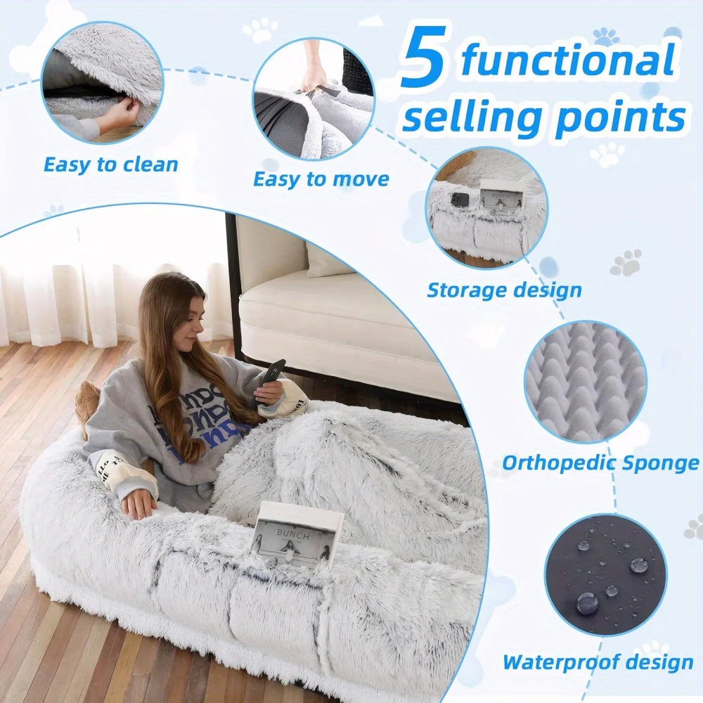 Human Dog Bed for Adults & Pets – Washable Faux Fur Orthopedic Giant Bed