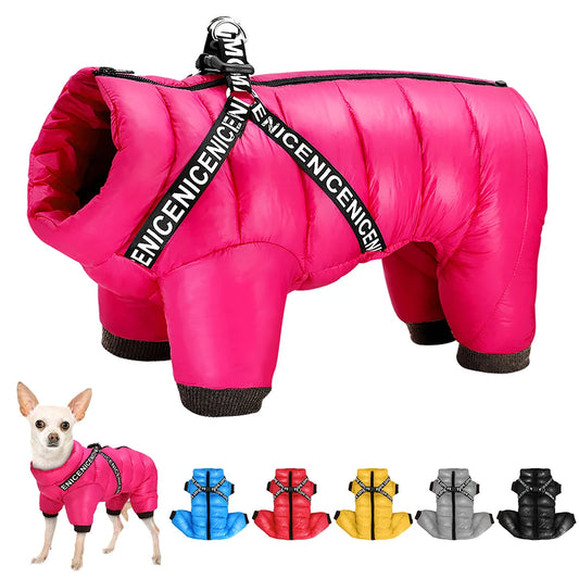 Waterproof Winter Dog Jacket / Puffer with Built-in Harness